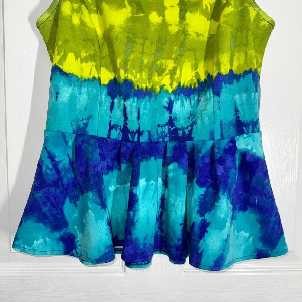 Worthington Vibrant Yellow and Blue Tye Dye Style Sleeveless Peplum Top Shirt S